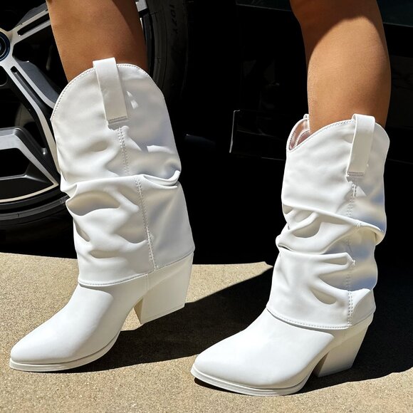 New White Slouchy Fold-Over Cowboy/Cowgirl Western Mid Calf Boot Chunky Med Heel - Picture 1 of 6